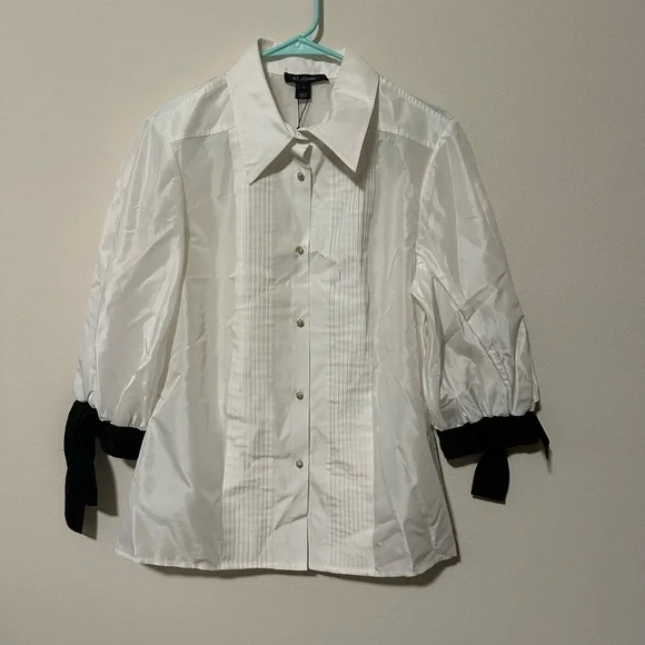 ST. JOHN designer tuxedo blouse size 12 gold buttons luxury spring 2011 - Picture 1 of 7